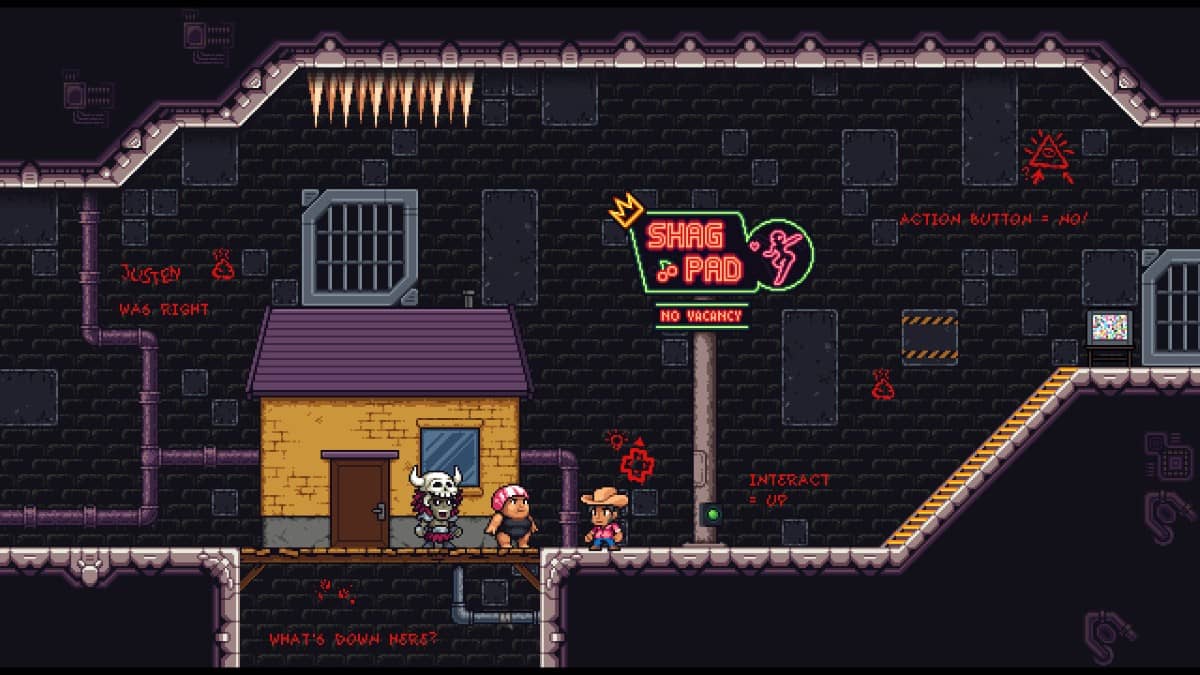 The Shag Pad motel checkpoint in The Prisoning Fletchers Quest covered in graffiti and spray‑paint tags.