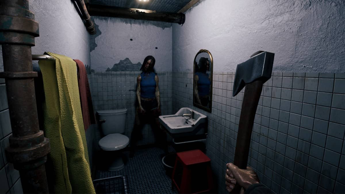 Player with hand axe faces a lunging female zombie in Apartment No 219 for Gert Lush Gaming.
