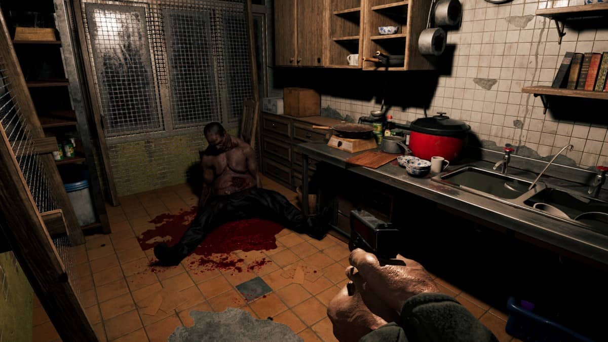 A collapsed zombie-like figure on a bloodied kitchen floor in Apartment No 219 for Gert Lush Gaming.