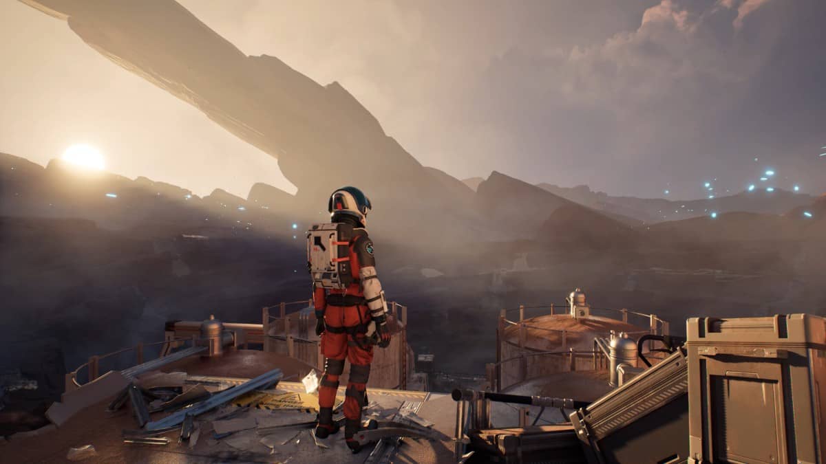 Ariane overlooks a lush landscape from an old base unit in this Aphelion scene from Gert Lush Gaming.