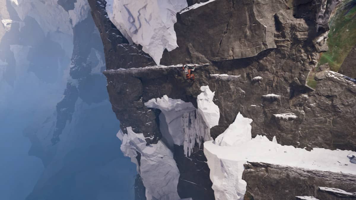 Thomas scales a massive snow-covered mountain, showcasing the climbing mechanics in Aphelion for Gert Lush Gaming.