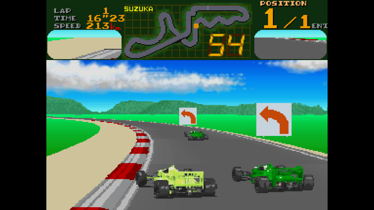 Gert Lush Gaming fights tighter steering in Arcade Archives Final Lap as a green CPU car hounds them through Suzuka.