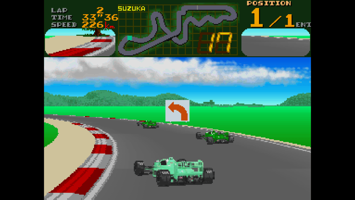 Gert Lush Gaming battles a CPU rival side by side through a tight Suzuka bend in Arcade Archives Final Lap.