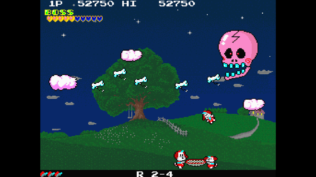 Arcade Archives PLUMP POP skull boss spitting bones on night hill stage captured for Gert Lush Gaming.