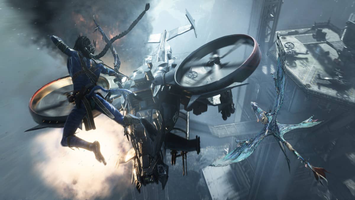 Solek leaps through the air aiming for ship propellers as Gert Lush Gaming reviews Avatar: Frontiers of Pandora.
