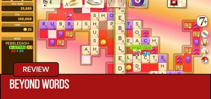 Gert Lush Gaming plays Beyond Words on a busy digital board, spelling the high-scoring word PEBBLEDASH.