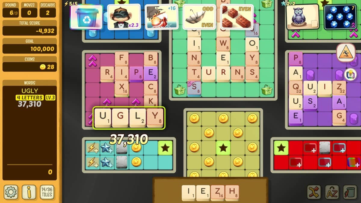 Gert Lush Gaming showcases a massive, varied game board in Beyond Words after spelling the word UGLY.