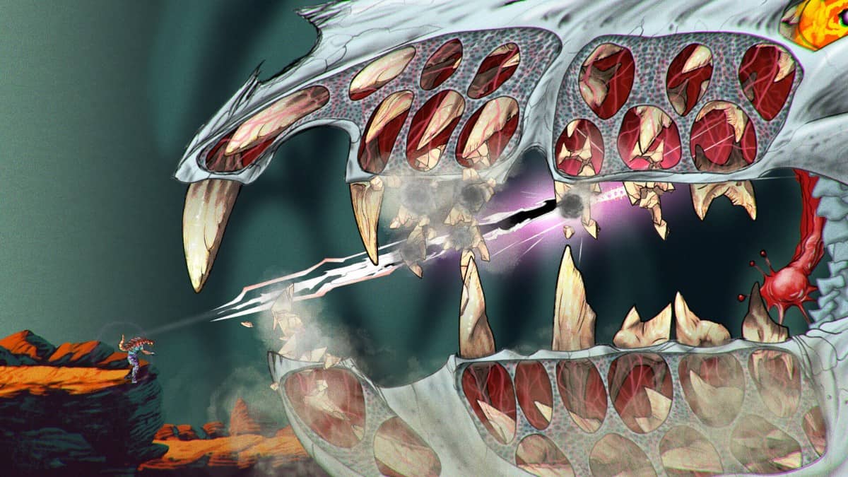 The player shatters the teeth of a skull-headed boss in this ChainStaff action shot for Gert Lush Gaming.