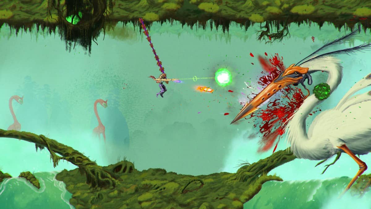 The player swings from a vine to strike a giant stork in this bloody ChainStaff battle from Gert Lush Gaming.