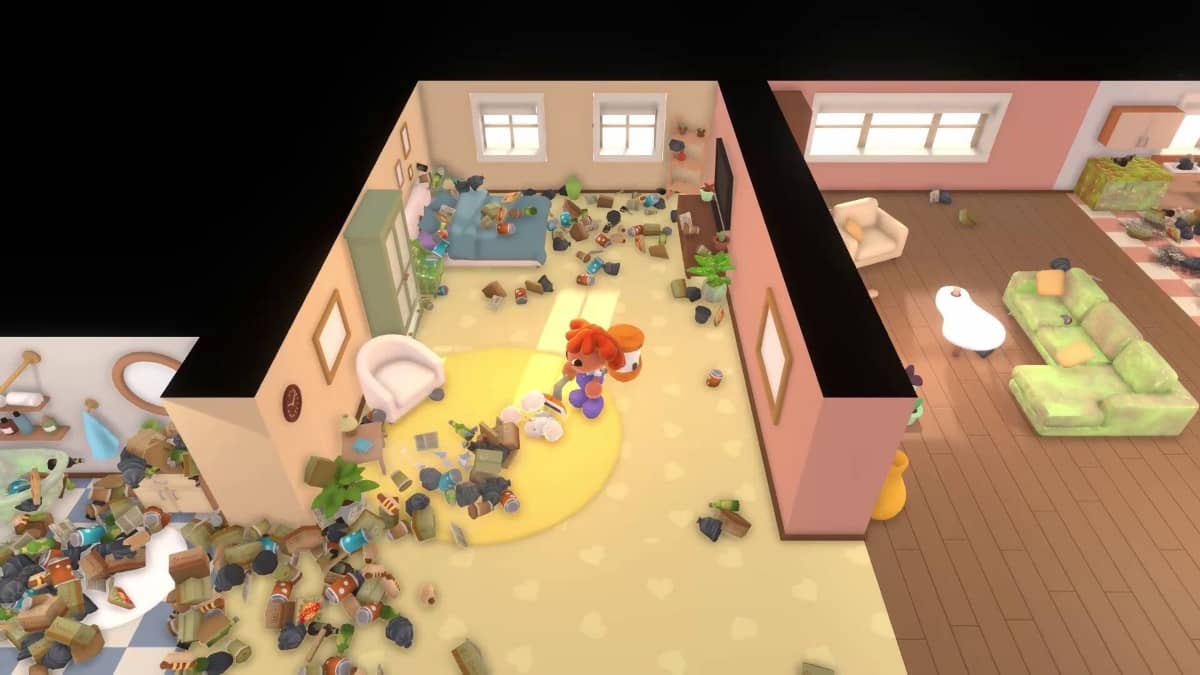 Gert Lush Gaming hoovers piles of rubbish in a vibrant yellow and orange apartment in Cleaning Up!