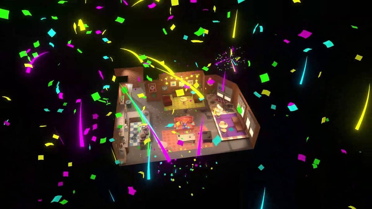 Confetti falls as Gert Lush Gaming zooms out on a pristine, finished stage in Cleaning Up!
