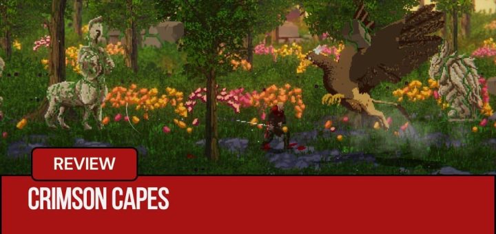 Player battles a griffon between massive minotaur statues in Crimson Capes, by Gert Lush Gaming.