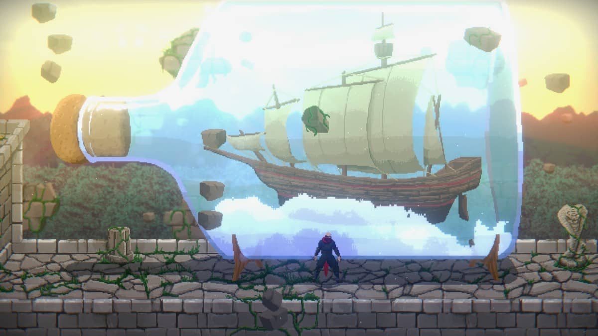 A player stands before a giant ship in a bottle at the Crimson Capes port for Gert Lush Gaming.