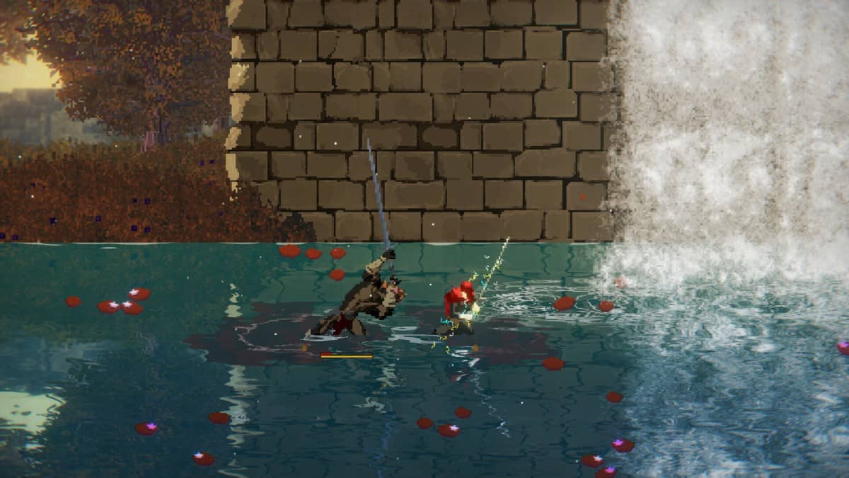 Player fights a boss by a waterfall and ancient ruins in Crimson Capes, via Gert Lush Gaming.