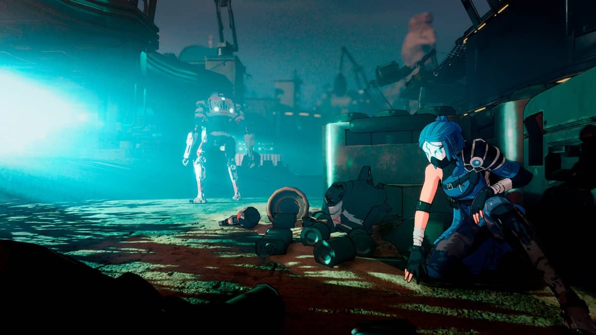 Ayana hides behind a crate as a robot patrols a base at night in Ereban Shadow Legacy for Gert Lush Gaming.