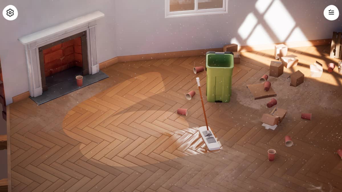 Broom sweeping dust from an empty wooden-floored room in Hozy for Gert Lush Gaming.