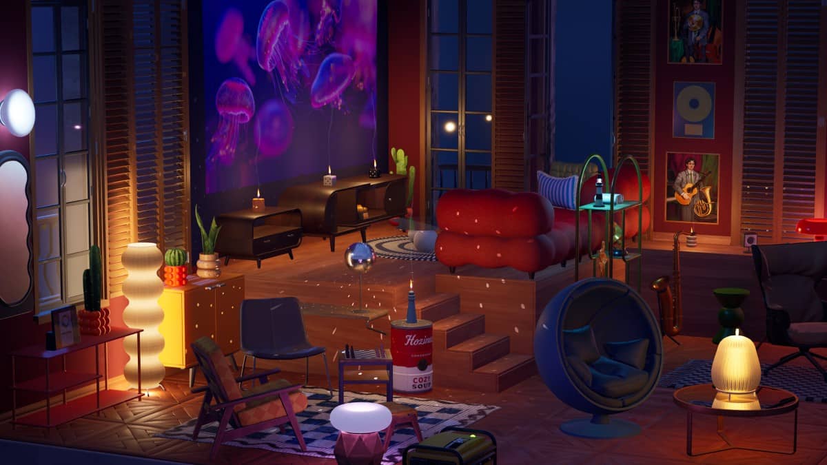 Purple-lit decorated room with ornaments and jellyfish art in Hozy for Gert Lush Gaming.