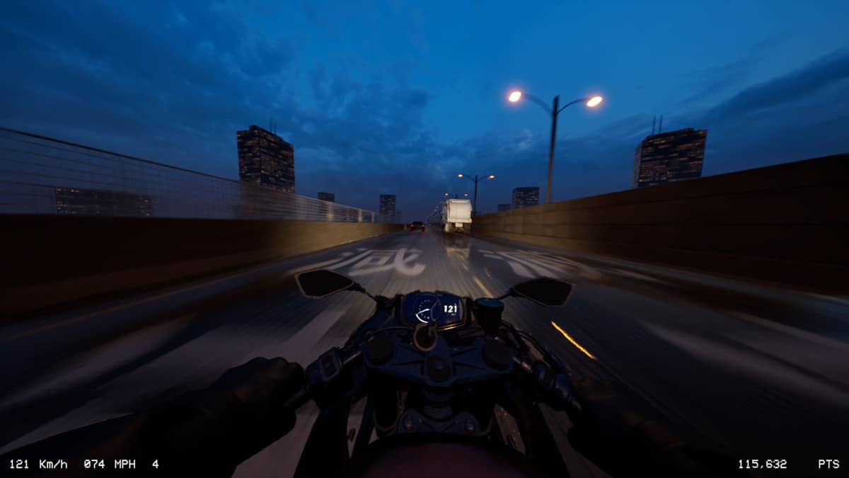 Gert Lush Gaming rides past Japanese road markings on a high-speed highway stretch in Lanesplit.
