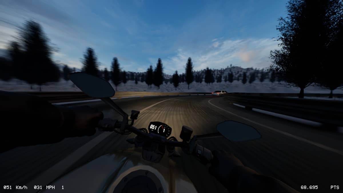 Gert Lush Gaming navigates a snowy mountain corner as the Lanesplit rider approaches dense traffic and pine trees.