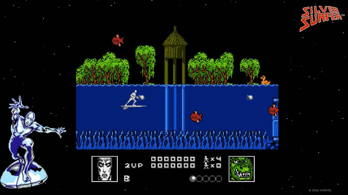 Silver Surfer navigates incoming NES enemies in this Marvel MaXimum Collection shmup for Gert Lush Gaming.