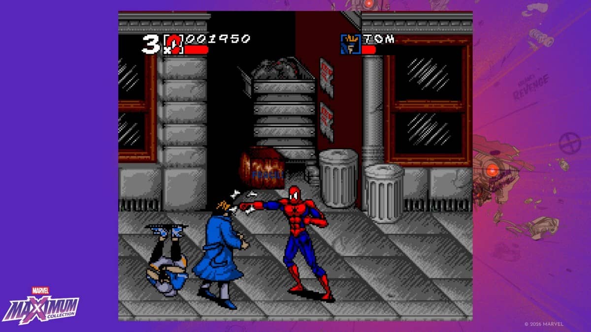 Spiderman brawls with street-level goons in the Genesis version of Marvel MaXimum Collection on Gert Lush Gaming.