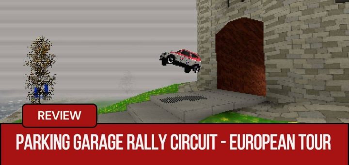 A rally car leaps through a castle gateway in Parking Garage Rally Circuit European Tour by Gert Lush Gaming.