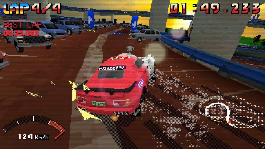 A car executes a stylish trademark drift around a corner in Parking Garage Rally Circuit via Gert Lush Gaming.