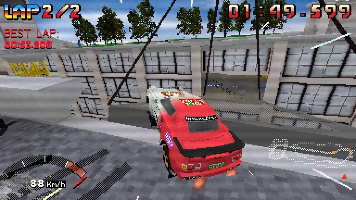 A car catches massive air from a multi-storey rooftop in Parking Garage Rally Circuit by Gert Lush Gaming.