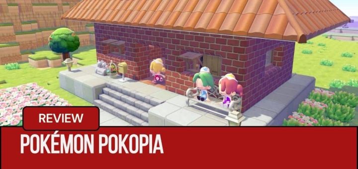 Character relaxing outside a bright Pokopia building with Pokémon on benches, captured for T Pokémon Pokopia by Gert Lush Gaming.