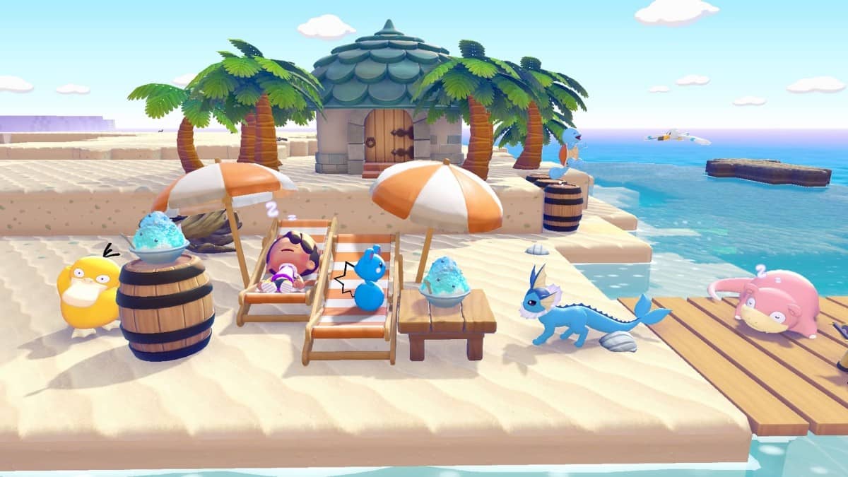 Ditto sunbathing on a beach deckchair with other Pokémon nearby in T Pokémon Pokopia for Gert Lush Gaming.