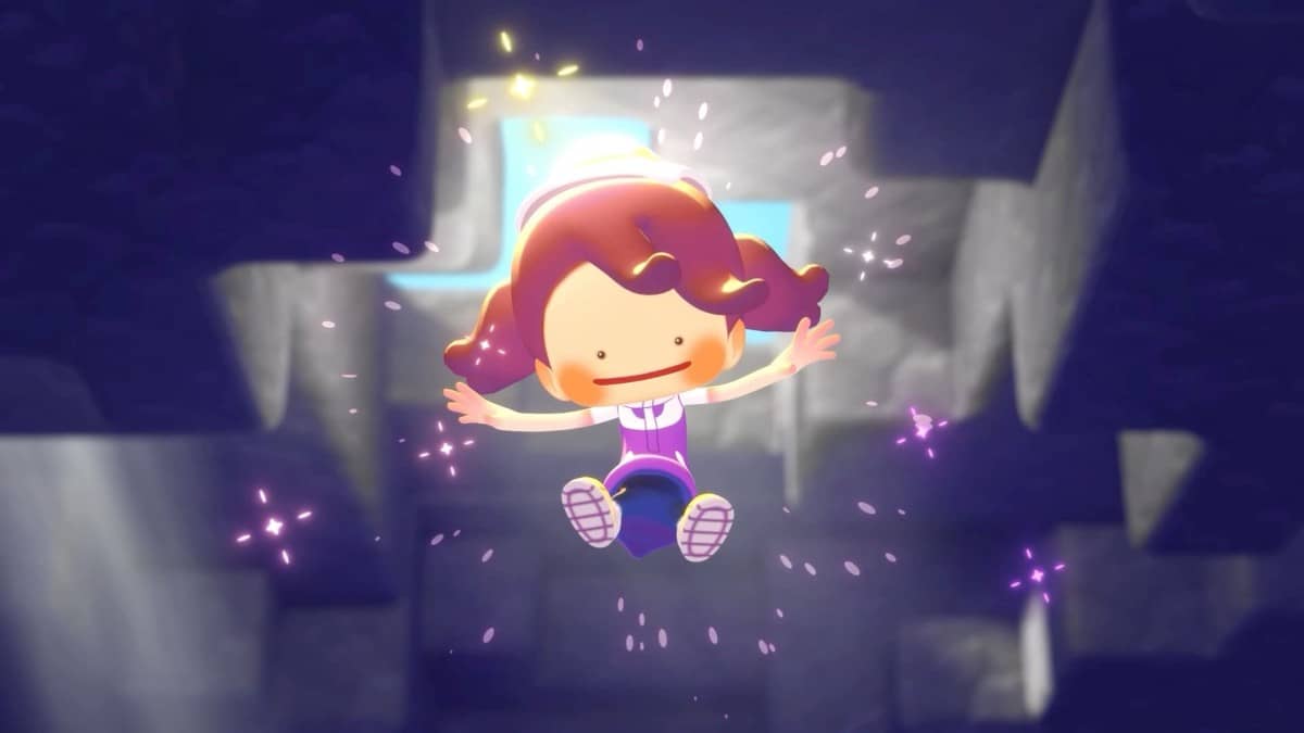 Ditto leaping mid-air in a boy outfit during T Pokémon Pokopia gameplay, created for Gert Lush Gaming.