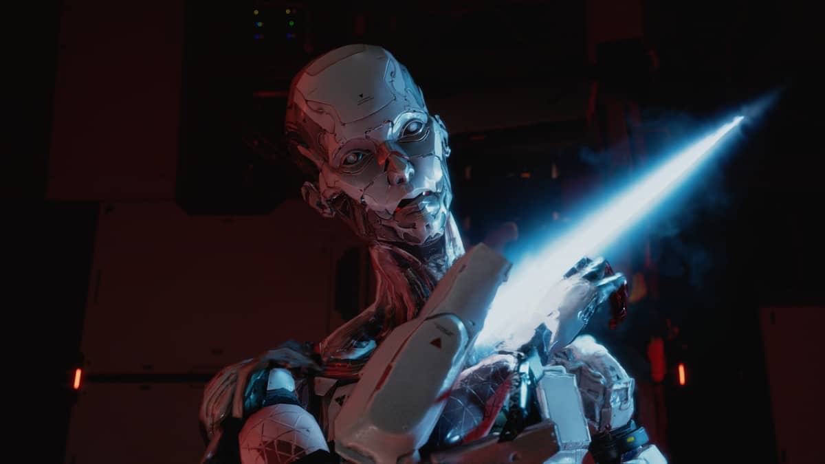 A corrupted AI prepares for battle with a glowing plasma sword in Pragmata at Gert Lush Gaming.