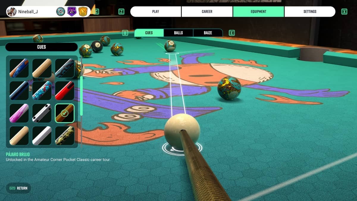 Gert Lush Gaming lines up a Pure Pool Pro shot while opening the cue selection menu.