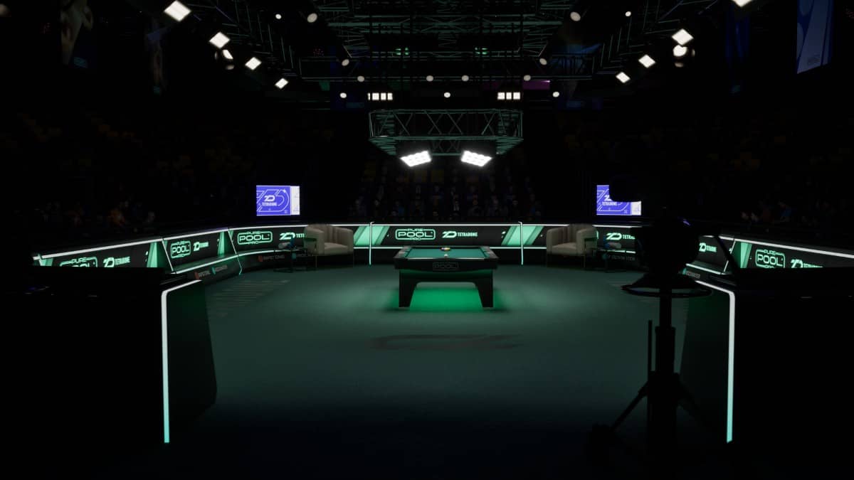 Gert Lush Gaming showcases Pure Pool Pro’s green-lit premium table entrance inside the stadium arena.