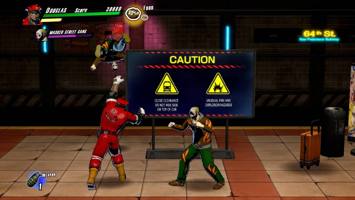 A player hurls an enemy into the background near a caution sign in Rushing Beat X for Gert Lush Gaming.