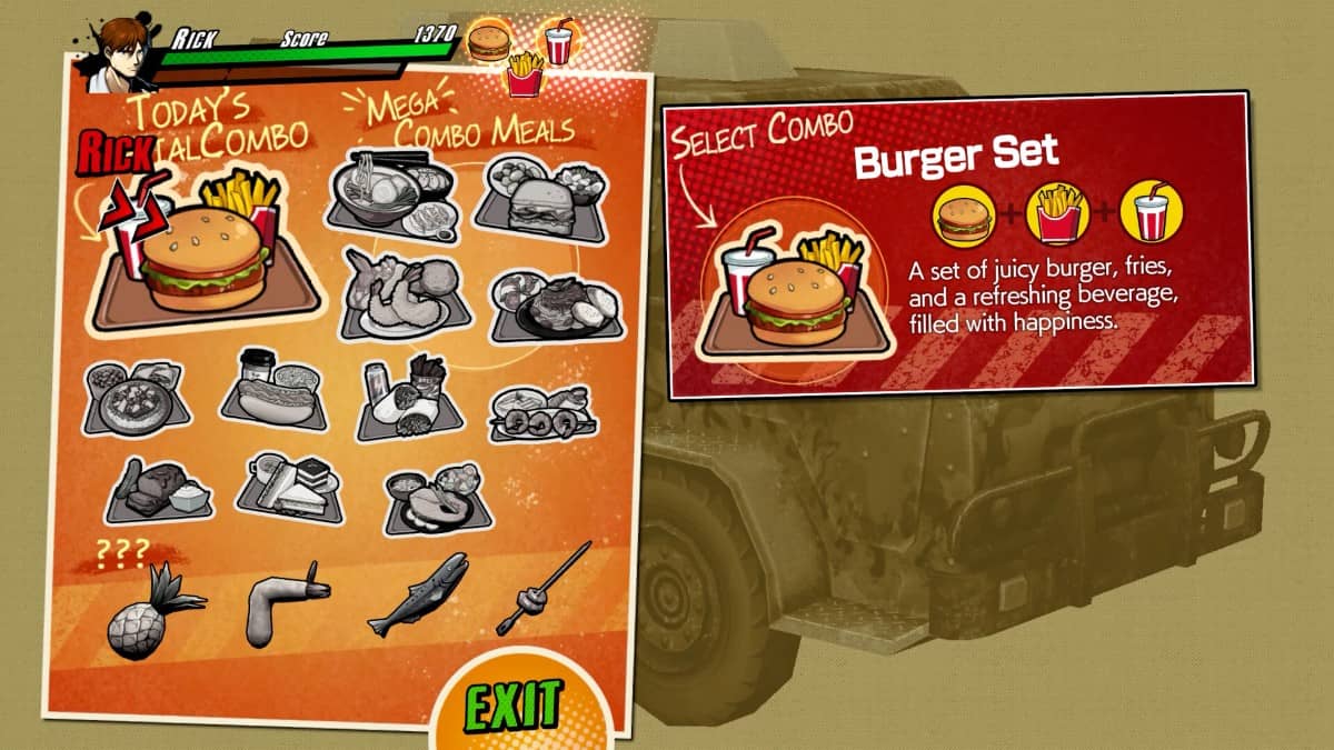 The Rushing Beat X menu displays a variety of burgers and weapons for Gert Lush Gaming’s latest review.
