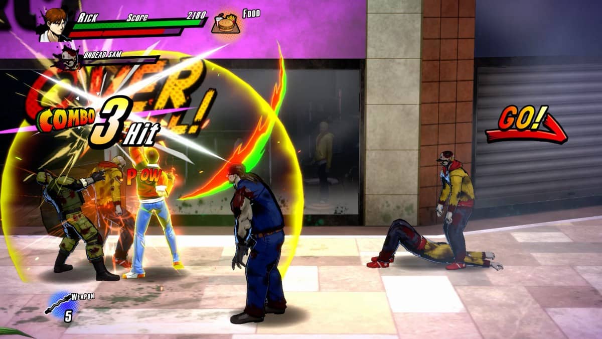 Rick executes a rapid three-hit combo on a group of enemies inside the mall in Rushing Beat X for Gert Lush Gaming.