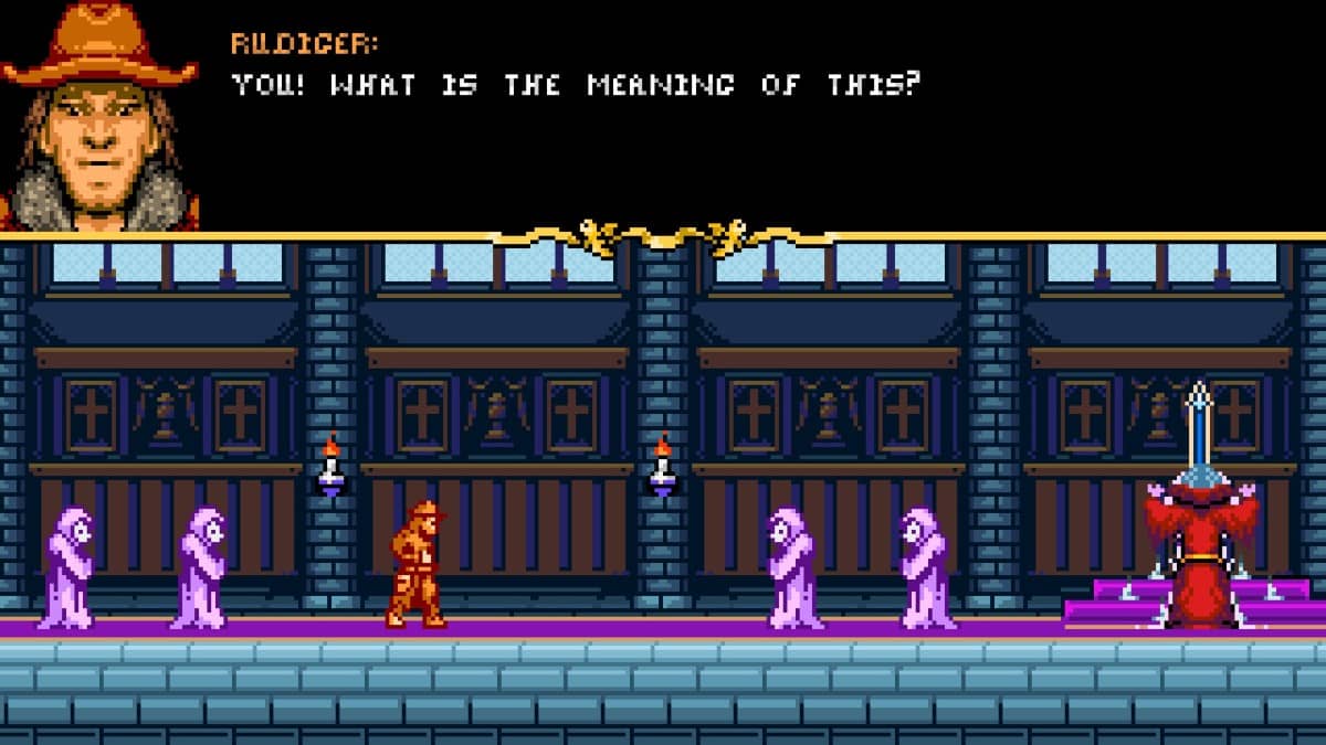 Rudiger confronts priests in a church while Gert Lush Gaming showcases the Saint Slayer: Spear of Sacrilege dialogue system.