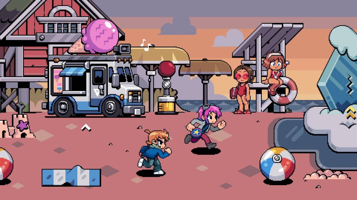 Scott Pilgrim EX shows Scott and the gang sprinting along the seafront past ice cream vans for Gert Lush Gaming.
