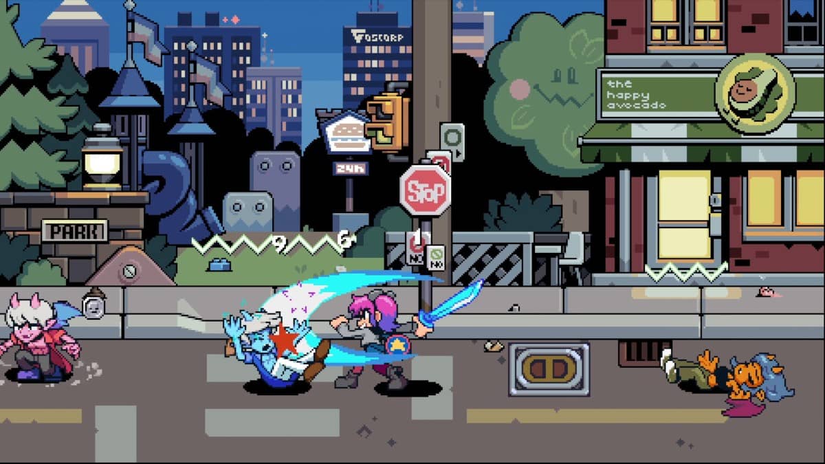 Scott Pilgrim EX shows the team swinging swords and clearing a busy city street in this Gert Lush Gaming shot.
