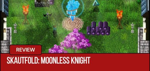The player approaches a glowing blue crystal in the Skautfold: Moonless Knight courtyard via Gert Lush Gaming.