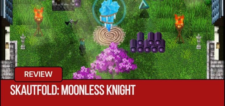 The player approaches a glowing blue crystal in the Skautfold: Moonless Knight courtyard via Gert Lush Gaming.