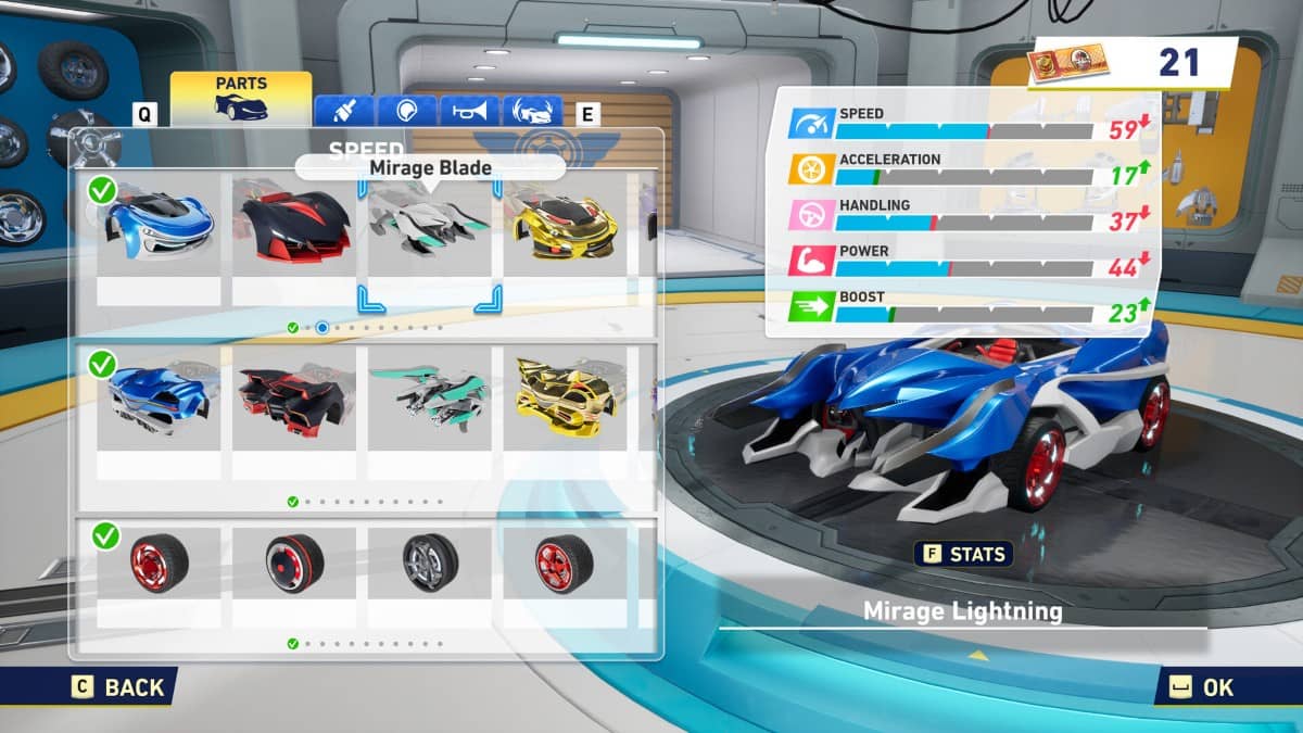 Gert Lush Gaming shows the Sonic Racing CrossWorlds custom car menu packed with upgrade and style options.