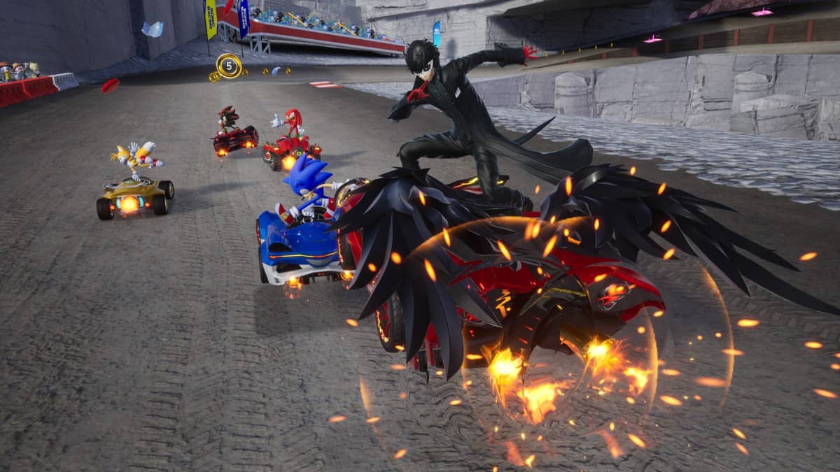 Gert Lush Gaming highlights the Persona 5 DLC racer striking a trademark pose while overtaking rivals in Sonic Racing CrossWorlds.