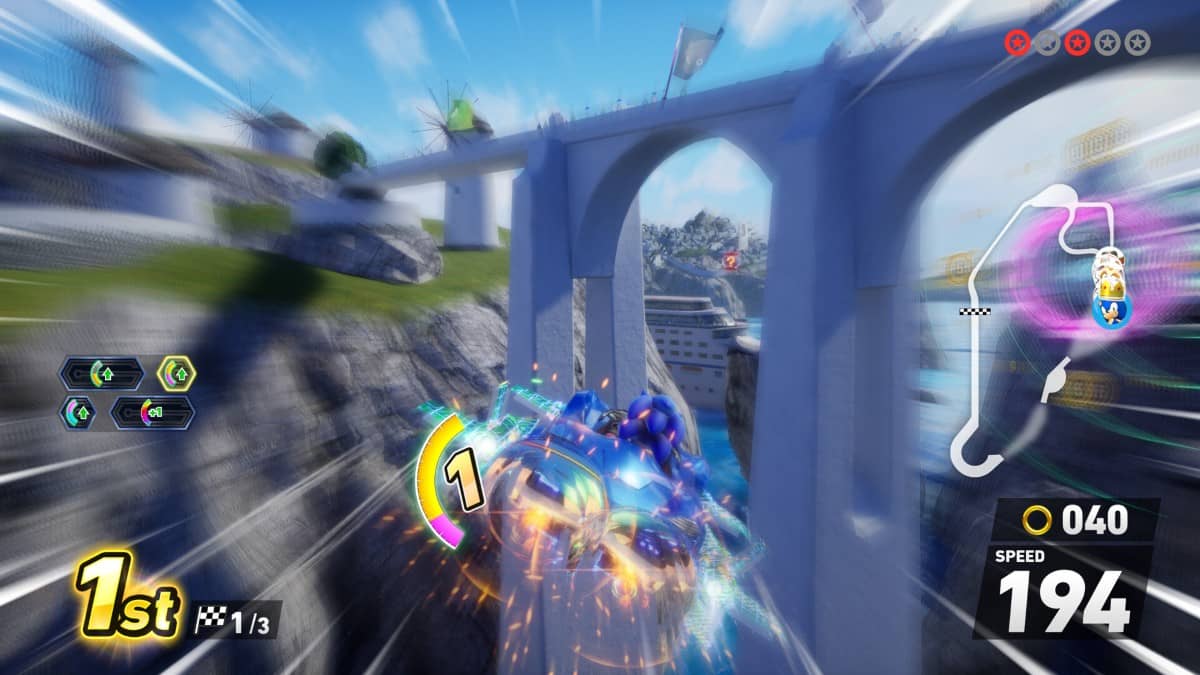 Gert Lush Gaming shows Sonic soaring in his car through glowing speed rings beneath a massive bridge in CrossWorlds.