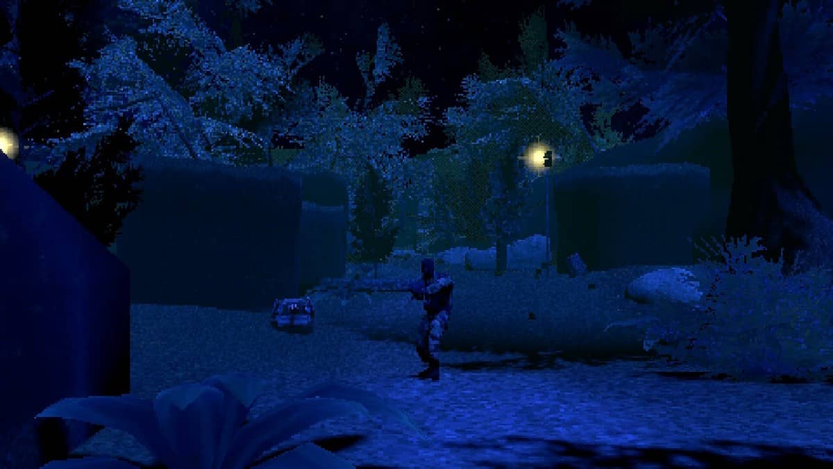 A lone soldier guards a roadside base entrance at night in Spy Drops for Gert Lush Gaming.