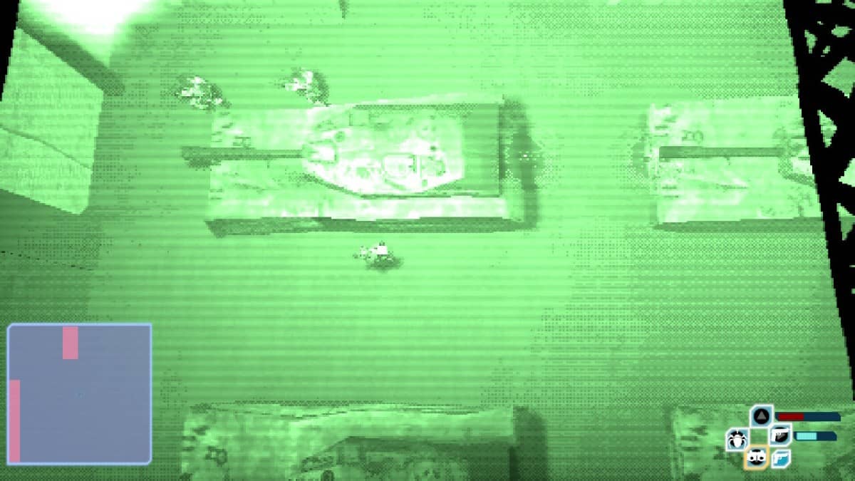 Green night vision in Spy Drops reveals three soldiers patrolling a parked tank for Gert Lush Gaming.