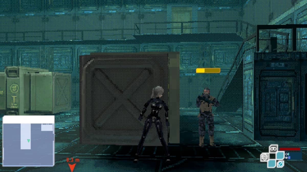 A Spy Drops player hides behind a massive crate while an unaware enemy patrols the Gert Lush Gaming warehouse.