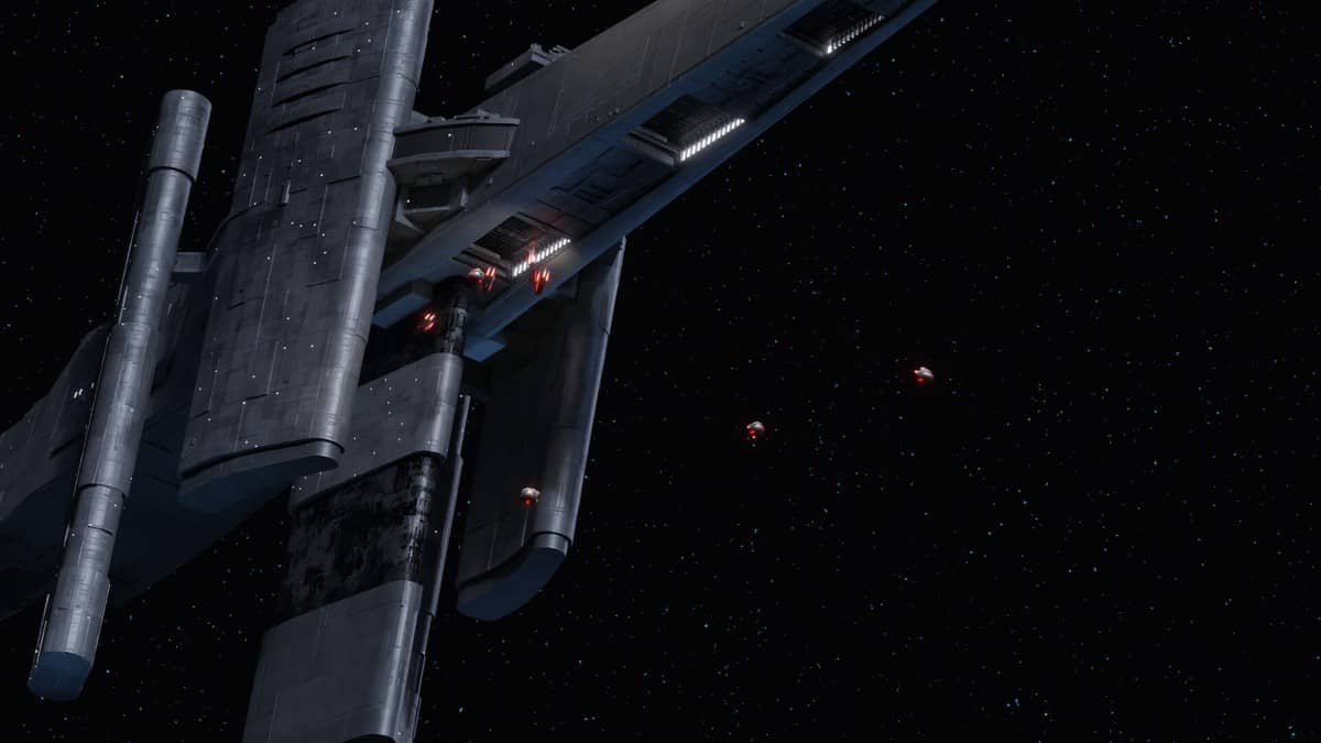 A massive warship deploys enemy drones in STAR WARS: Dark Forces Remaster captured by Gert Lush Gaming.