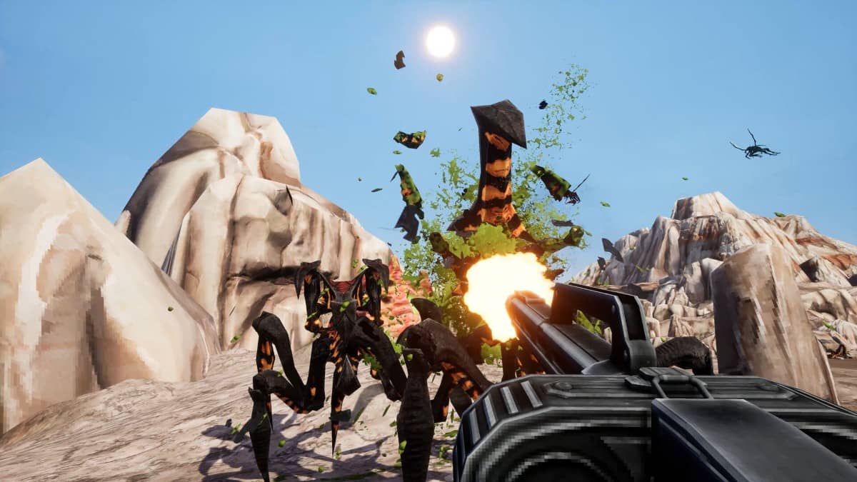 Starship Troopers: Ultimate Bug War! close-up of player blasting a bug for Gert Lush Gaming.